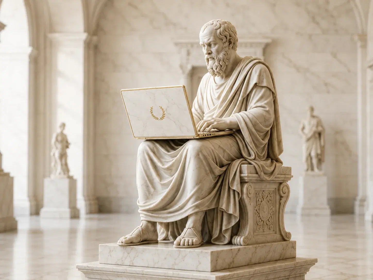 Estátua de mármore de um filósofo grego sentado, digitando em um laptop de mármore com uma coroa de louros dourada na tampa, em um salão de colunas de mármore claro.